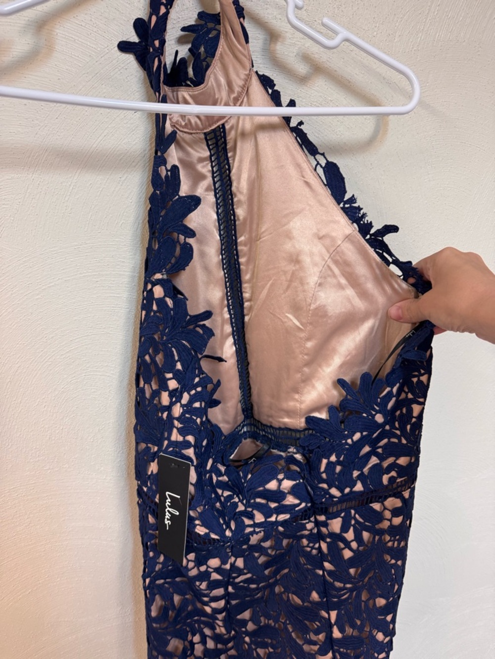 NWT Lulus Blue Floral Lace Halter Sheath Midi Dress Lined Zip Back Women M - Picture 7 of 10
